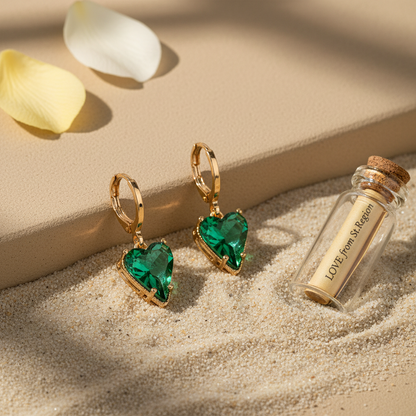 Emerald Crystal & Goldtone Heart Huggie Earrings
