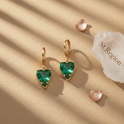 Emerald Crystal & Goldtone Heart Huggie Earrings