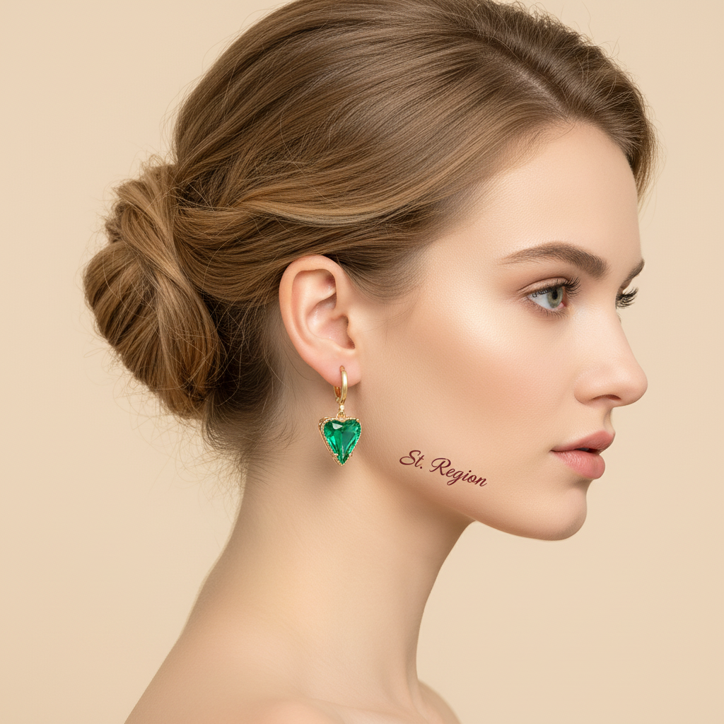 Emerald Crystal & Goldtone Heart Huggie Earrings
