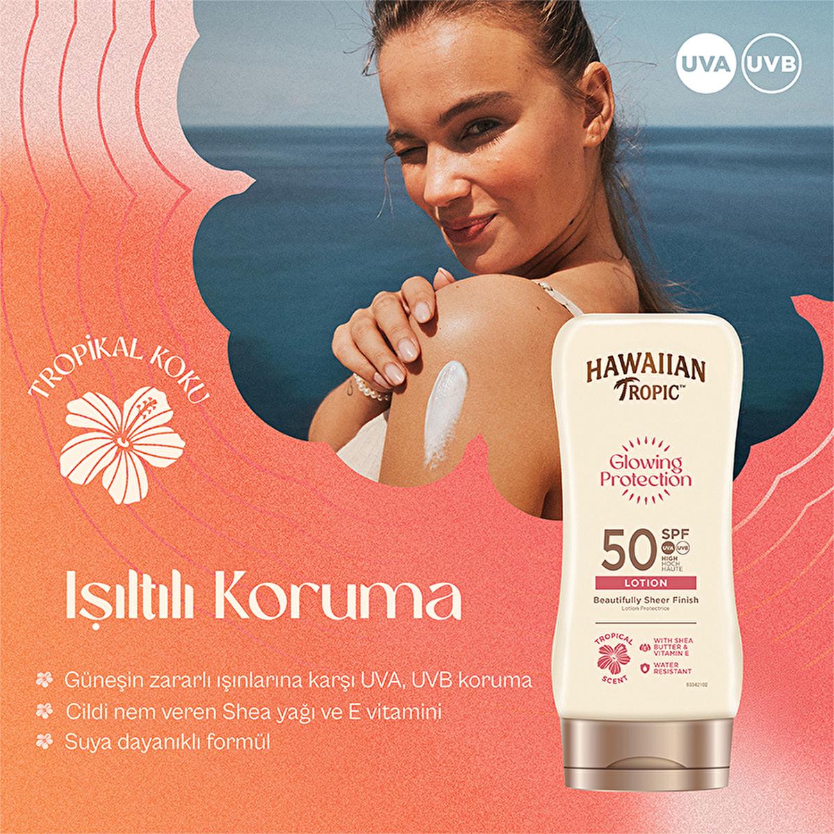 Hawaiian Tropic Glowing Protection SPF 50 Sunscreen Lotion - UVA/UVB, Vegan & Cruelty-Free, Moisturizing - 6.09 fl oz