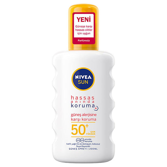 Nivea Sun SPF 50+ Sunscreen Spray for Sensitive Skin: UVA/UVB Protection, Fragrance-Free, Allergy-Friendly, Non-Greasy