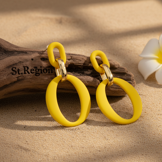 Yellow Enamel & Goldtone Openwork Oval Drop Earrings