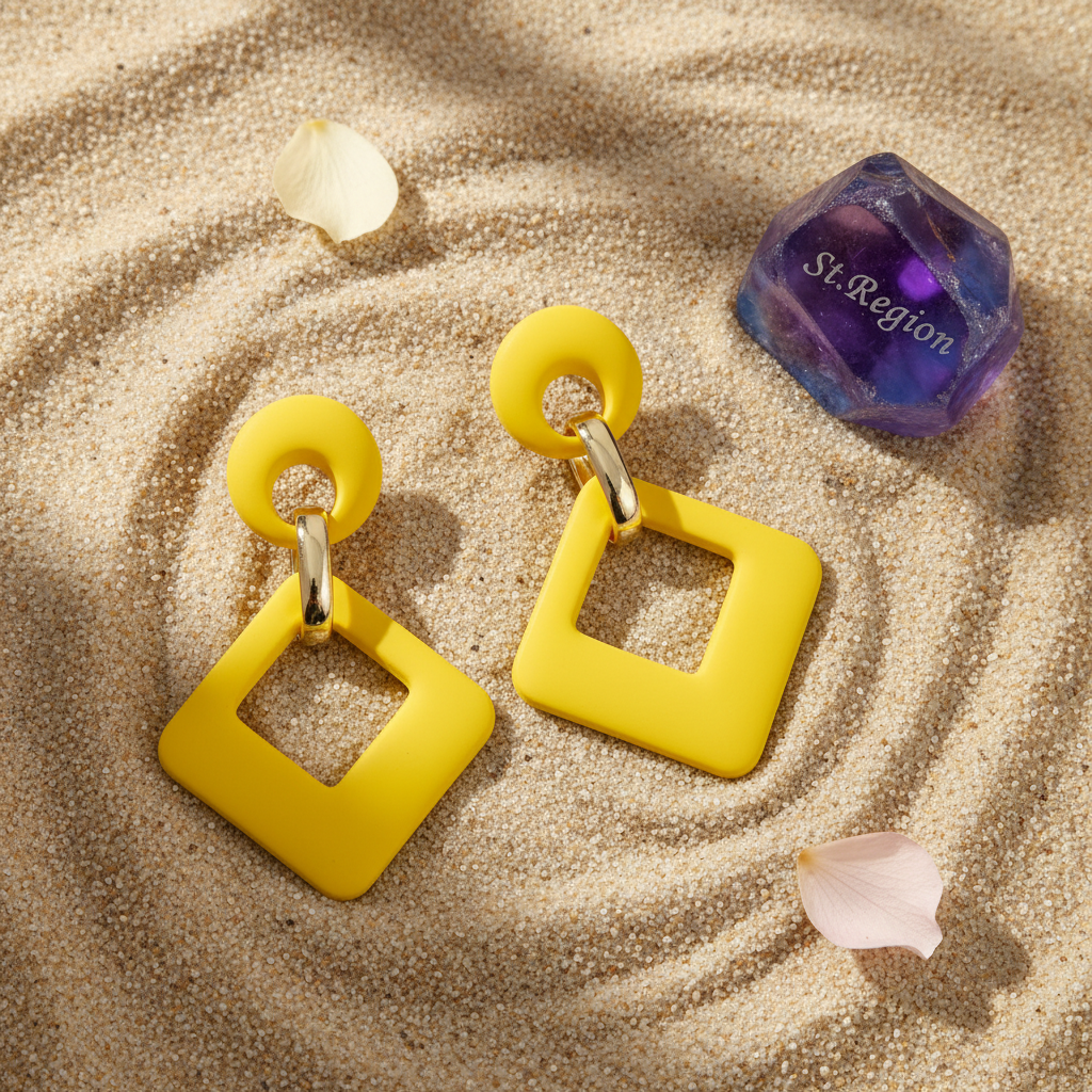 Yellow Enamel & Goldtone Open Rhombus Drop Earrings
