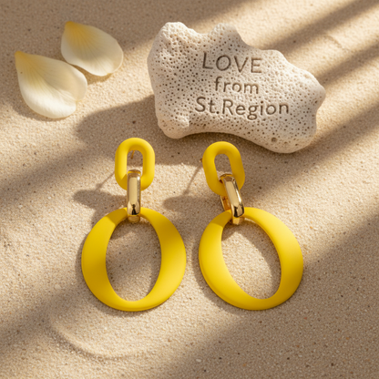 Yellow Enamel & Goldtone Openwork Oval Drop Earrings