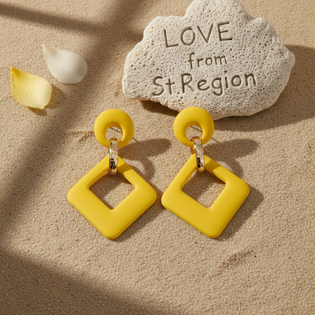 Yellow Enamel & Goldtone Open Rhombus Drop Earrings
