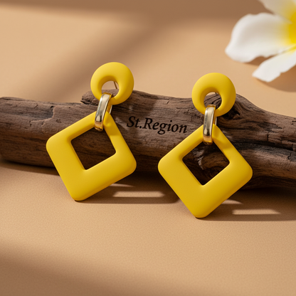Yellow Enamel & Goldtone Open Rhombus Drop Earrings