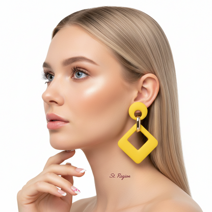 Yellow Enamel & Goldtone Open Rhombus Drop Earrings