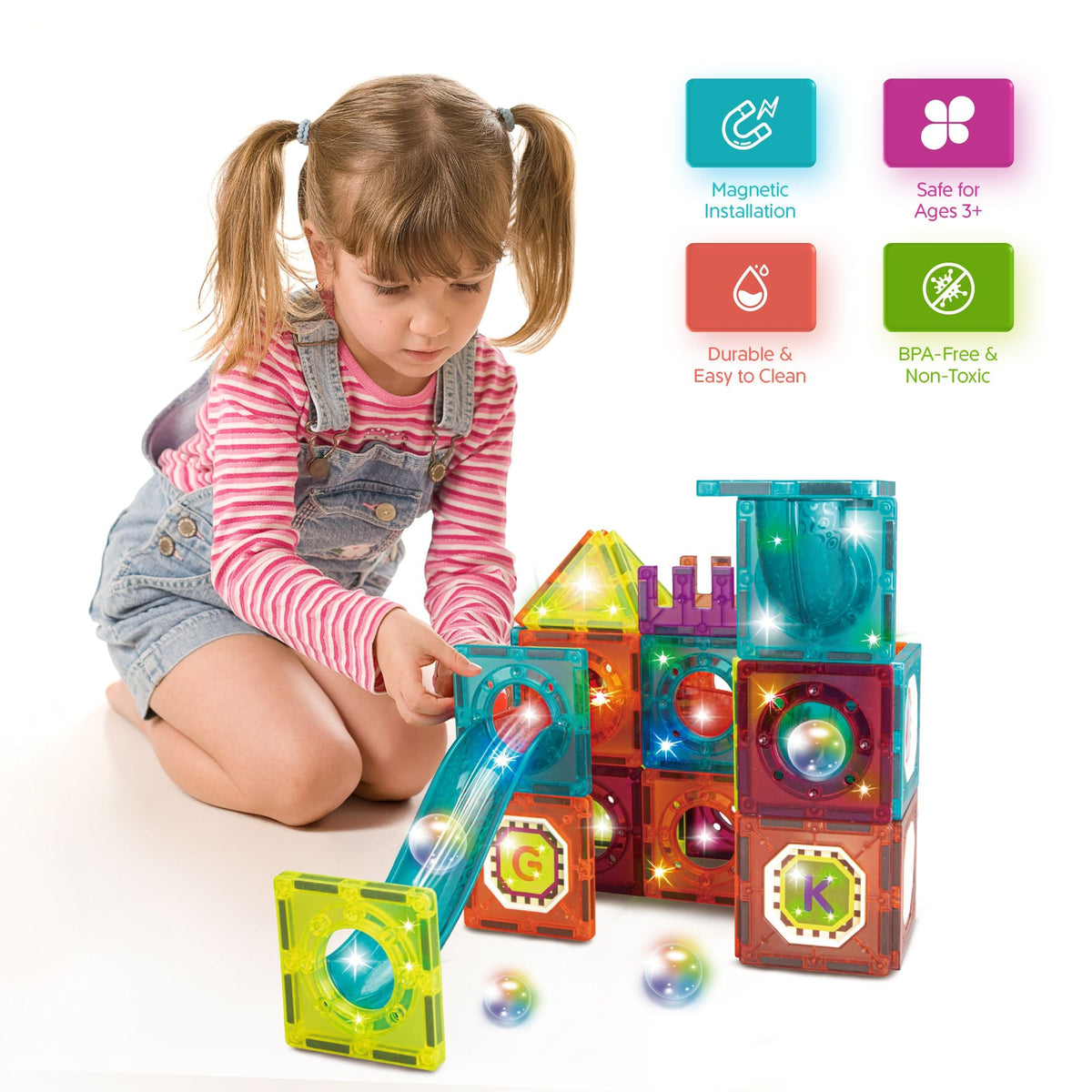 Contixo ST15 65-Piece Marble Track Magnetic Tile Set, Glow-in-the-Dark, STEM Building Blocks for Ages 3+