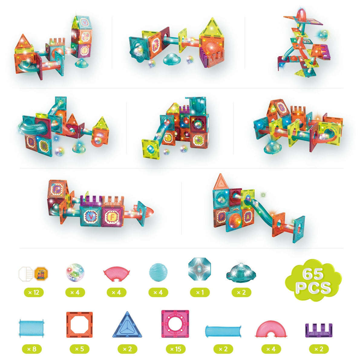 Contixo ST15 65-Piece Marble Track Magnetic Tile Set, Glow-in-the-Dark, STEM Building Blocks for Ages 3+