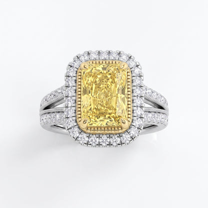 2.5Cttw Radiant Shaped Fancy Yellow Lab Grown Diamond (F/VS) Split Shank Halo Engagement Ring in 14K Gold
