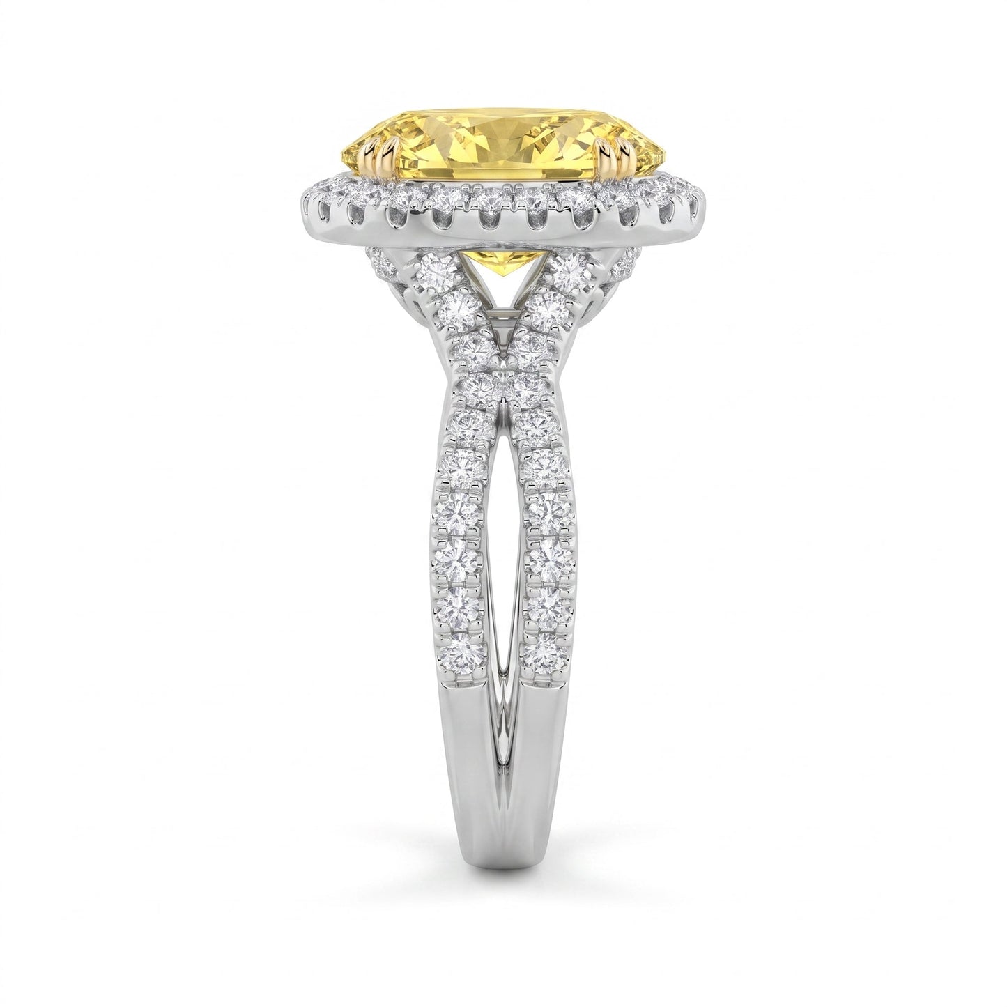 4Cttw Oval Shaped Yellow Lab Grown Diamond (F/VS) Split Shank Halo Engagement Ring 14K Gold