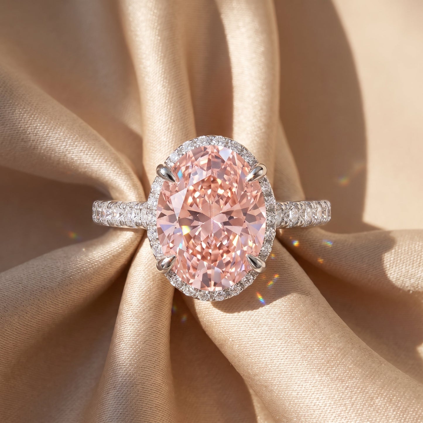2Cttw Oval Shaped Pink Lab Grown Diamond (F/VS) Halo Accented Engagement Ring in 14K Gold