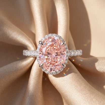 2Cttw Oval Shaped Pink Lab Grown Diamond (F/VS) Halo Accented Engagement Ring in 14K Gold