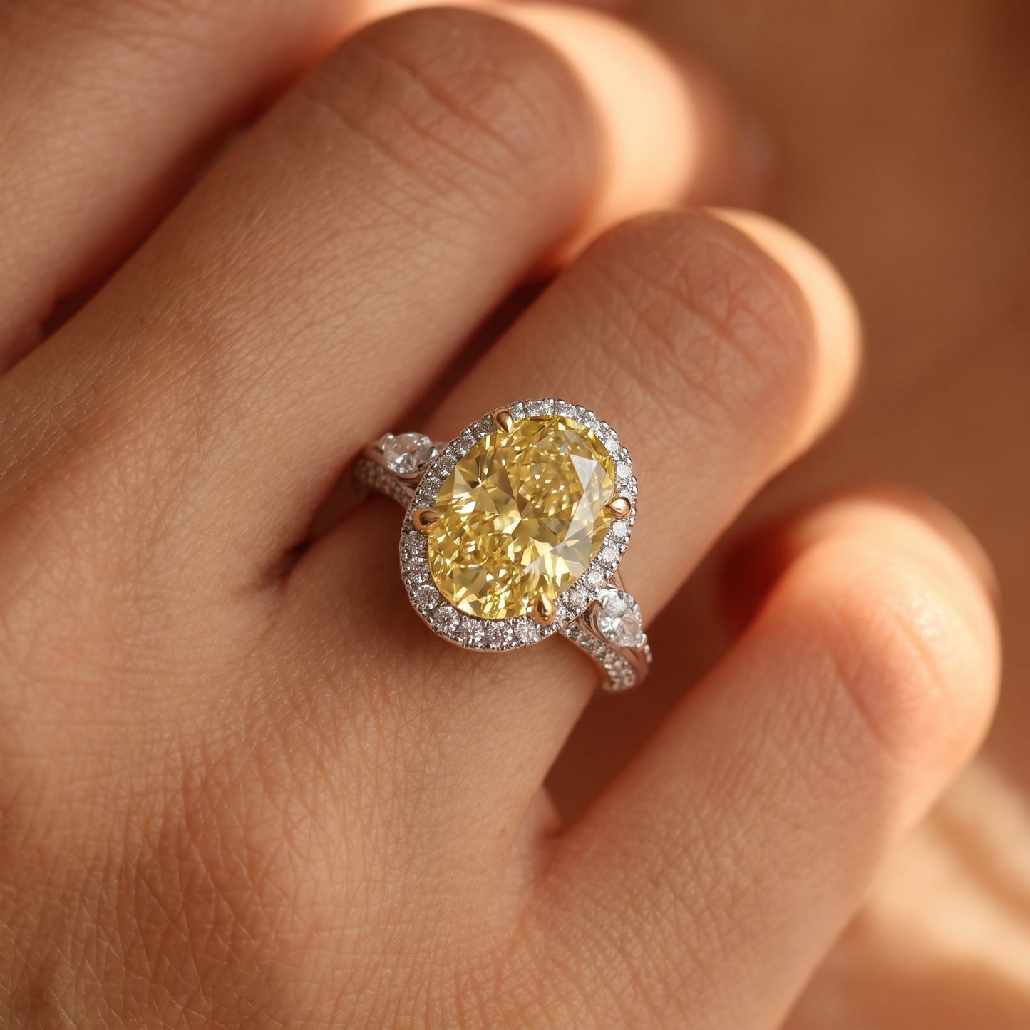 3Cttw Oval Shaped Yellow Lab Grown Diamond (F/VS) Three Stone Halo Enagement Ring 14K Gold