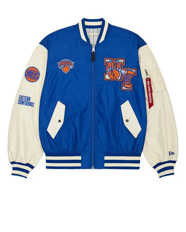 New Era x Alpha Industries New York Knicks L-2B Men's Bomber Jacket — Royal/Cream