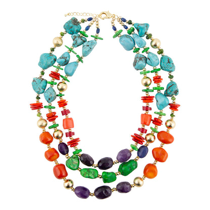Zion Multi-Color Triple Strand Golden Statement Necklace