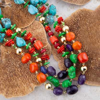 Zion Multi-Color Triple Strand Golden Statement Necklace