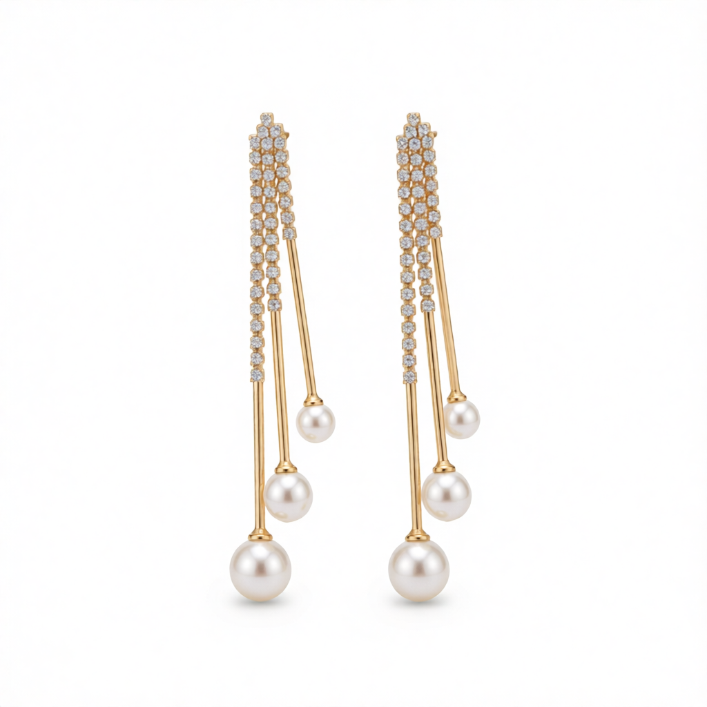 Pearl & Cubic Zirconia Ball Tassel Drop Earrings