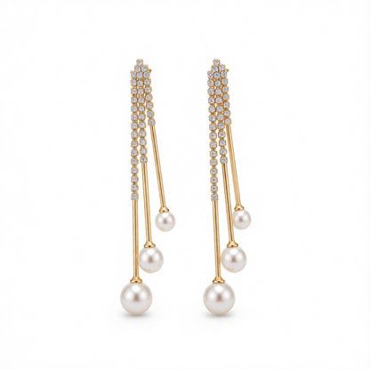 Pearl & Cubic Zirconia Ball Tassel Drop Earrings
