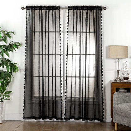 Elegant Comfort Set of 2 Pom Pom Tasseled Sheer Curtain - Rod Pocket