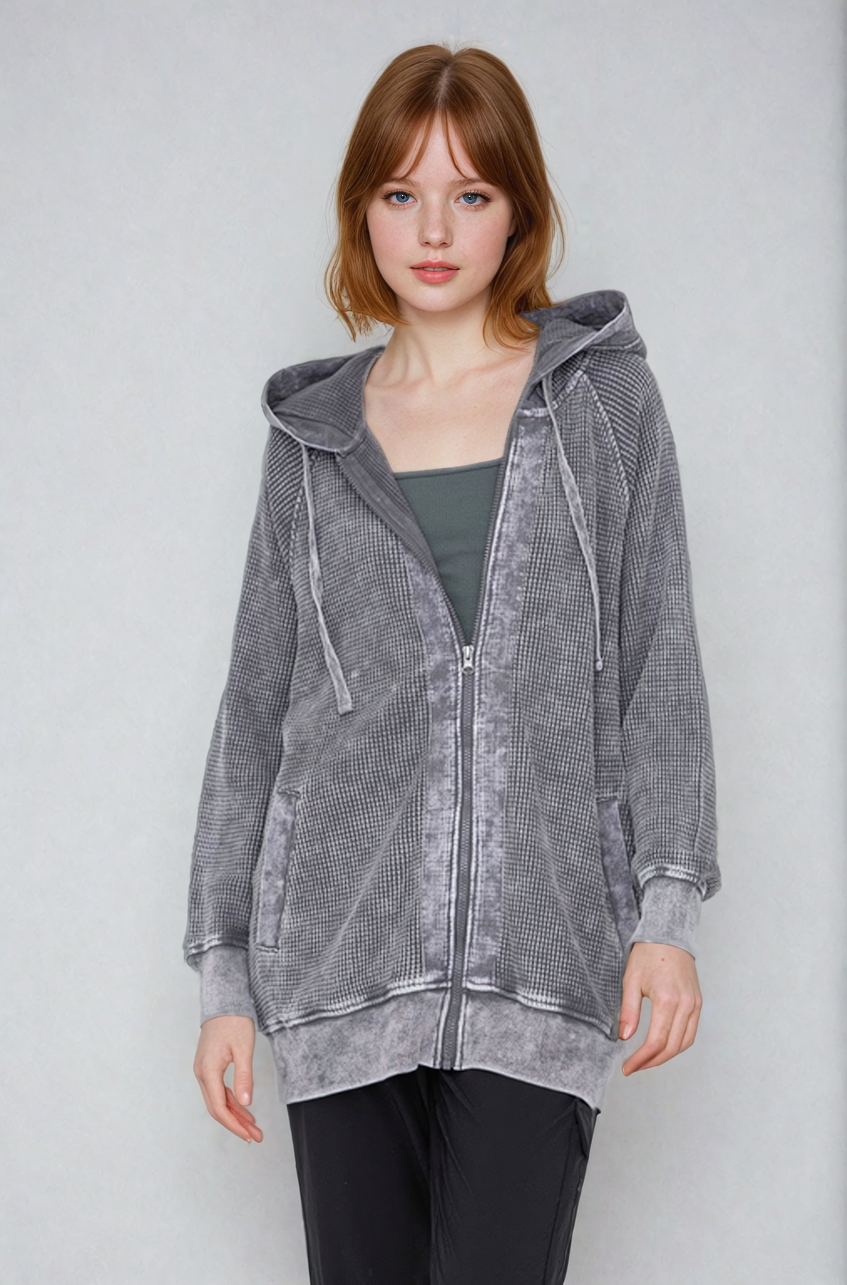 Oversized Waffle Knit Zip-Up Hoodie