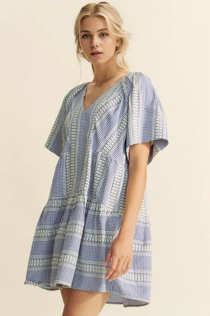 Davi & Dani Embroidered Stripe Ruffled Gingham Mini Dress