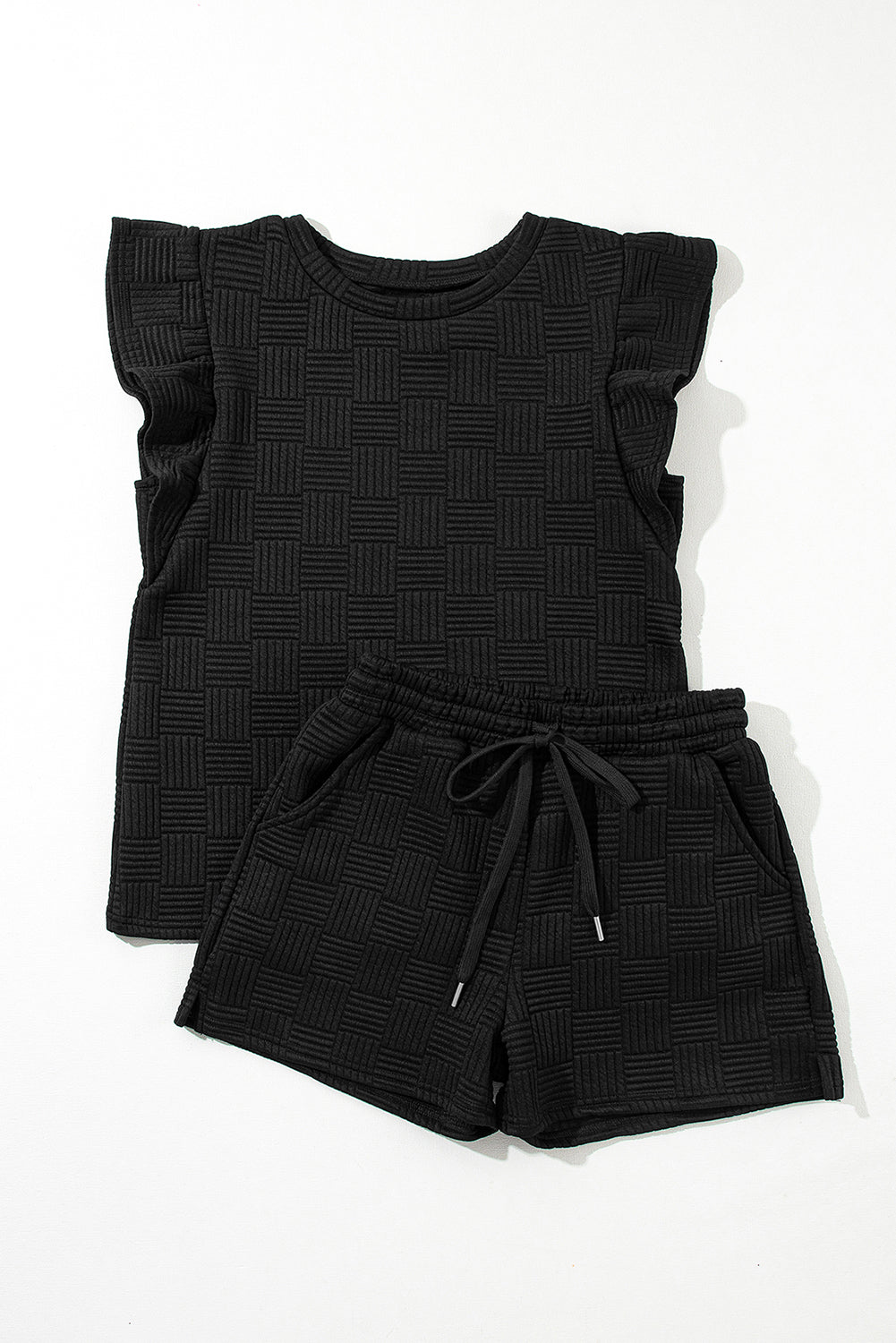 Threaded Pear Pearl Textured Ruffled Sleeve Tee and Shorts Set