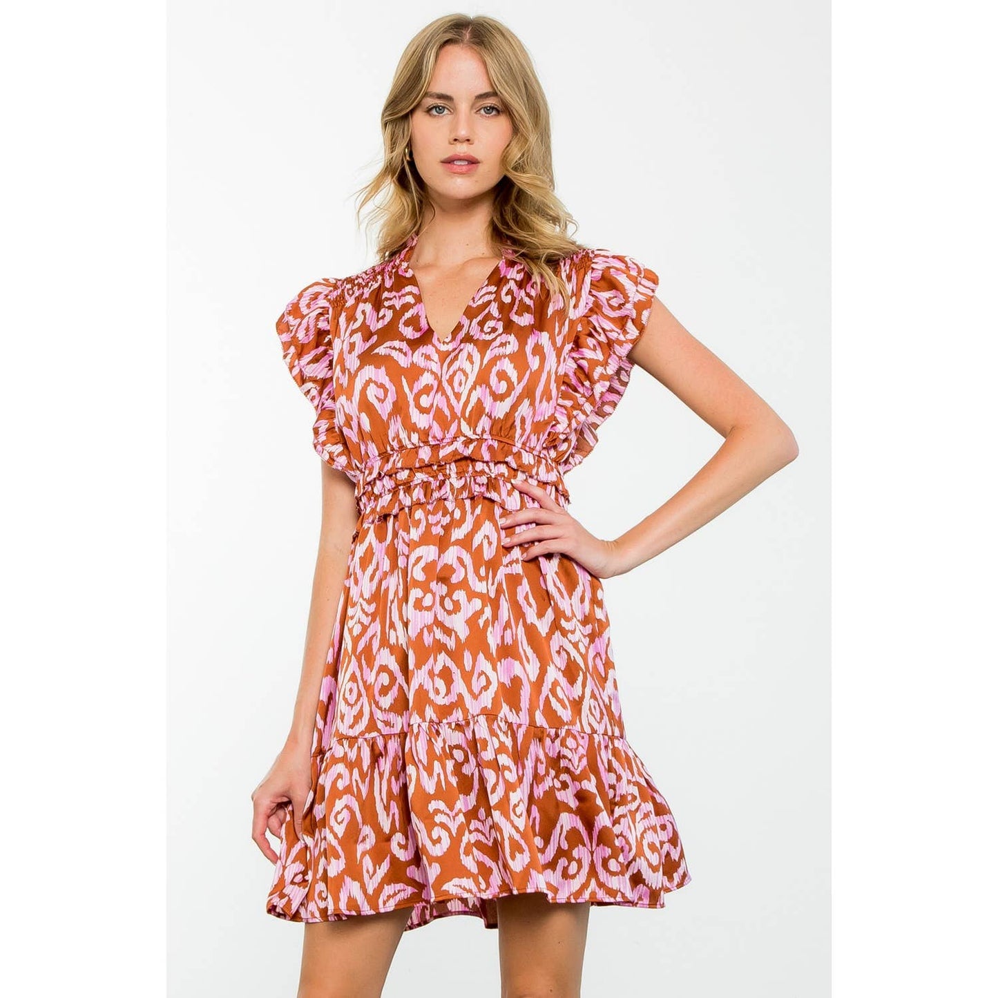 Monica - Flutter Sleeve Tiered Print Mini Dress