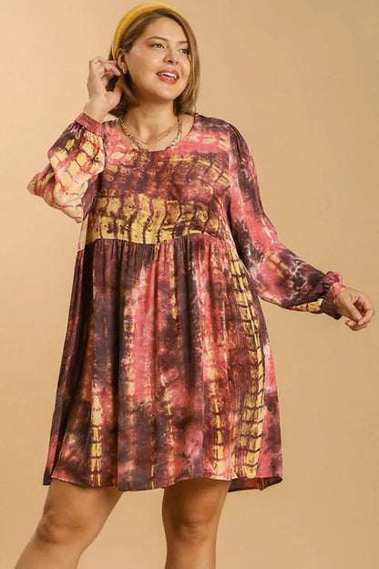 Umgee Full Size Tie Dye Long Sleeve Babydoll Dress with Keyhole Plus Size