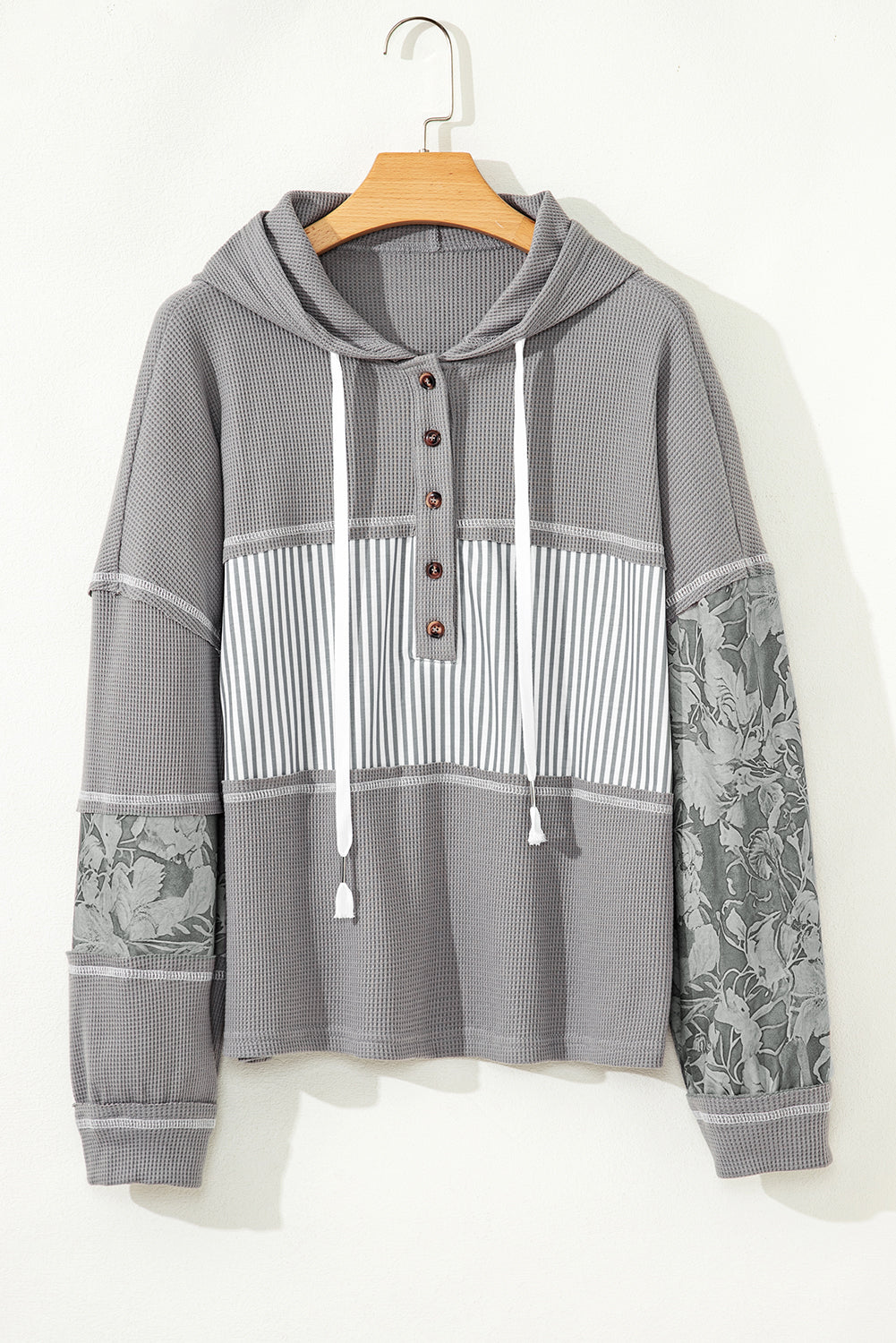 Threaded Pear Taytum Patchwork Drawstring Hooded Long Sleeve Top