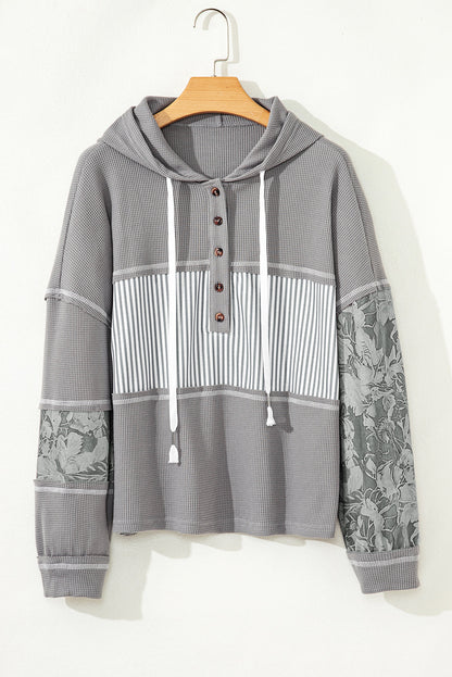Threaded Pear Taytum Patchwork Drawstring Hooded Long Sleeve Top