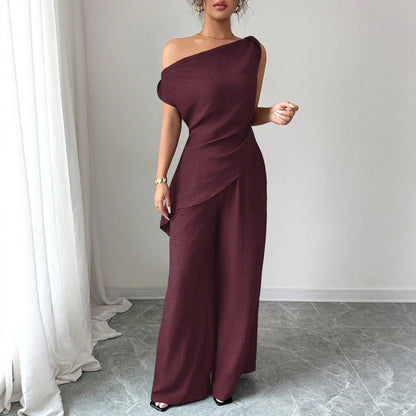 One-Shoulder Asymmetric Top & Wide-Leg Pants 2-Piece Set – Women's Elegant Co-ord Suit