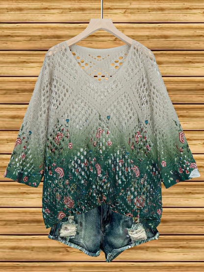 Women's Batwing-Sleeve Sweater – Hollowed-Out 3D Knitted Print Relaxed Fit