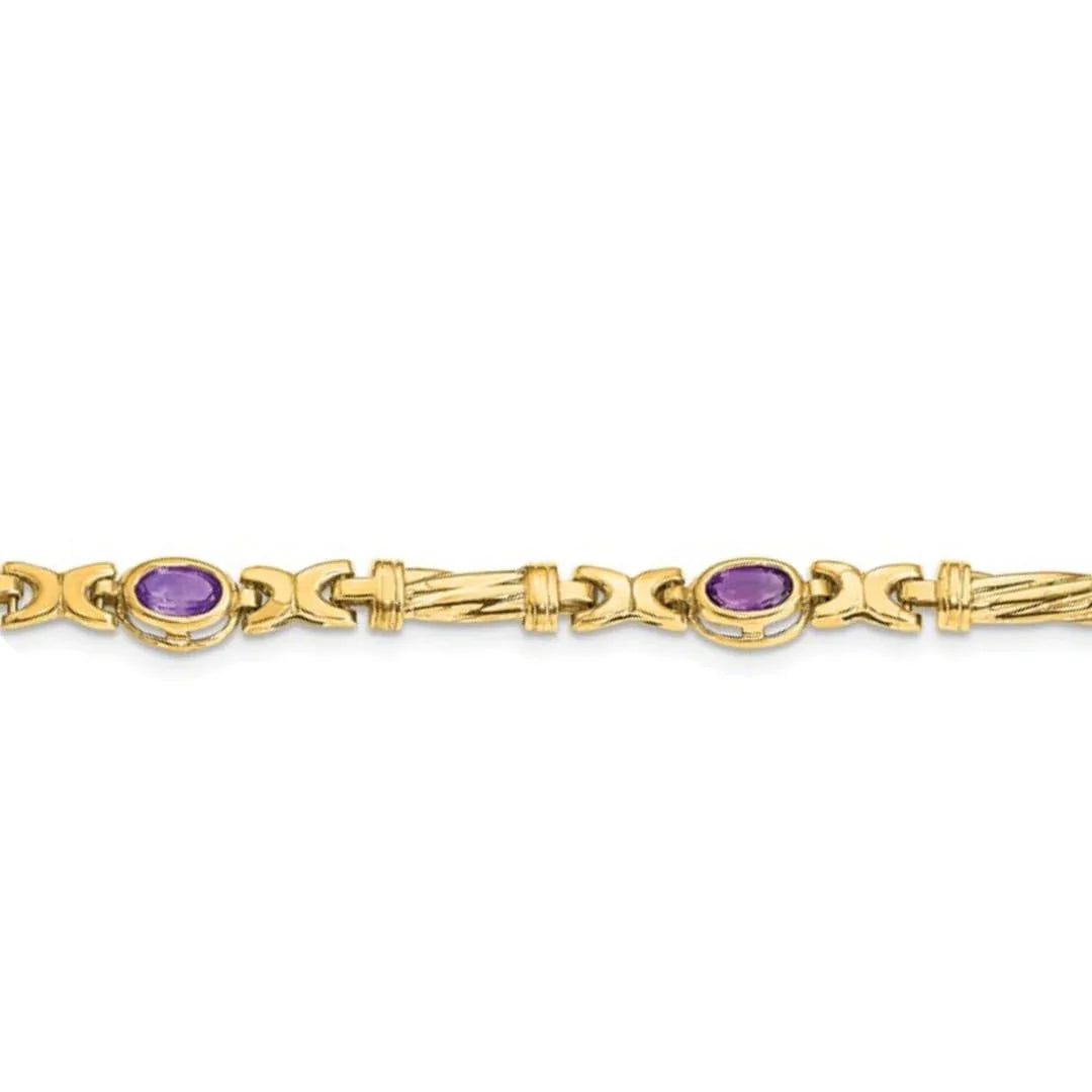 Oval Purple Amethyst Bezel 10K Yellow Gold Fancy Link Bracelet