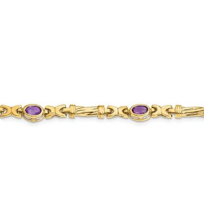 Oval Purple Amethyst Bezel 10K Yellow Gold Fancy Link Bracelet