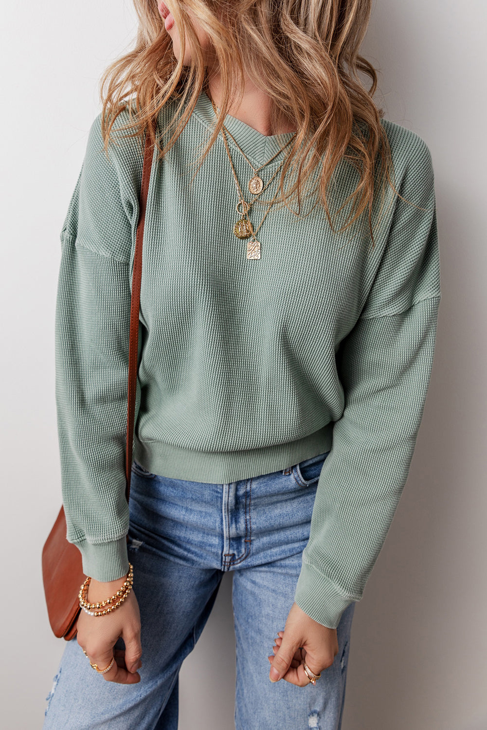 Threaded Pear Halo Knit Drop Shoulder Top