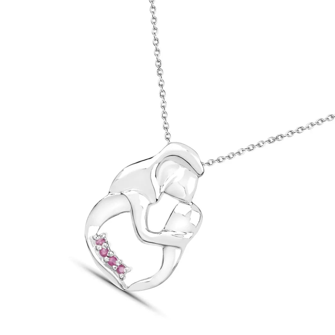 Round Pink Ruby Prong Silver Mom Pendant Necklace