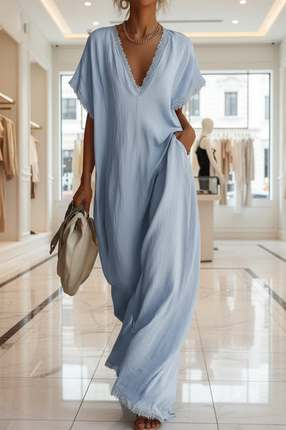 Women's Deep V-Neck Batwing Sleeve Lace-Trim Kaftan Maxi Dress