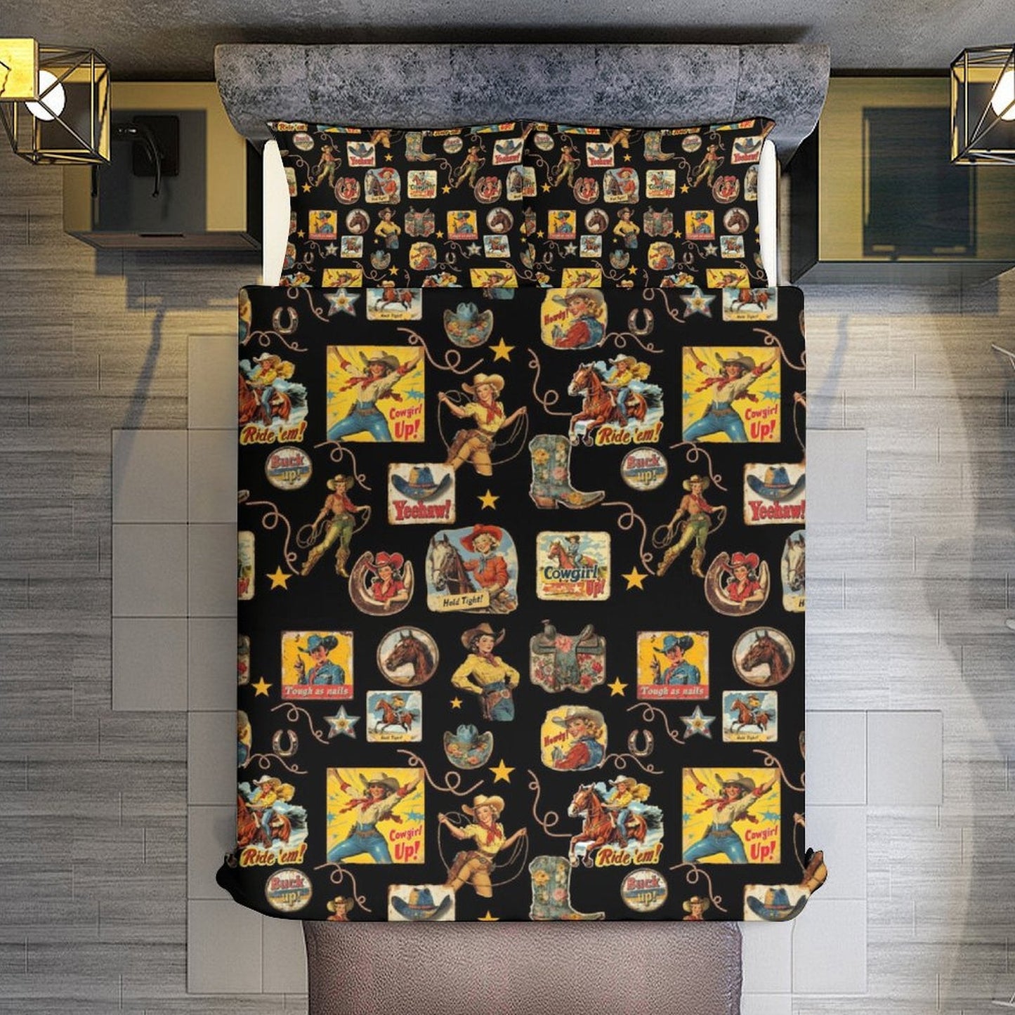 Vintage Cowgirl Collage Design 3-Piece Bedding Set (1 Duvet Cover + 2 Pillow Shams) – 102"×90"