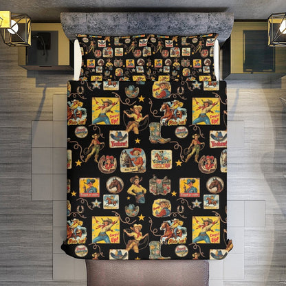Vintage Cowgirl Collage Design 3-Piece Bedding Set (1 Duvet Cover + 2 Pillow Shams) – 102"×90"