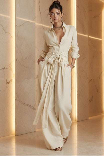 Women's Linen Long Sleeve Shirt & High-Waist Wide-Leg Pants Set with Tie Belt
