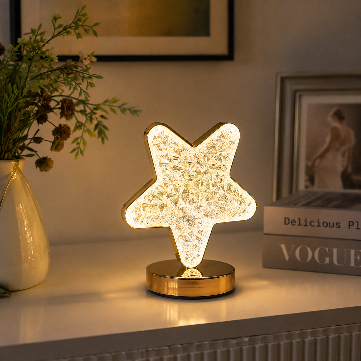 Rechargeable LED Acrylic Crystal Star Touch Light 3000K–7000K – Dimmable Adjustable Color Temp Bedside Lamp -