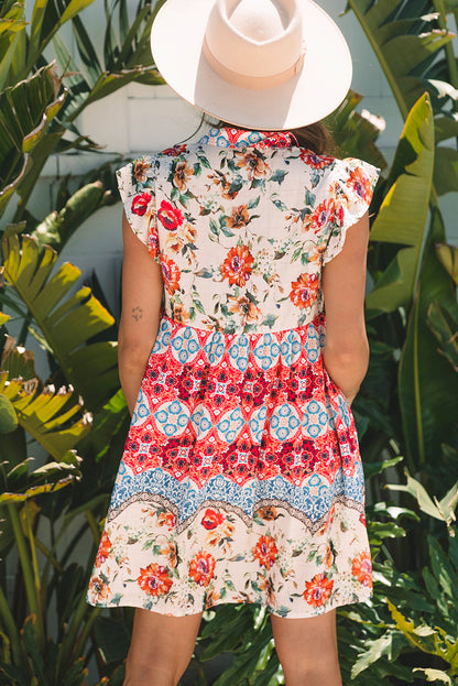 Threaded Pear Dior Floral Mixed Pattern Buttoned Dress