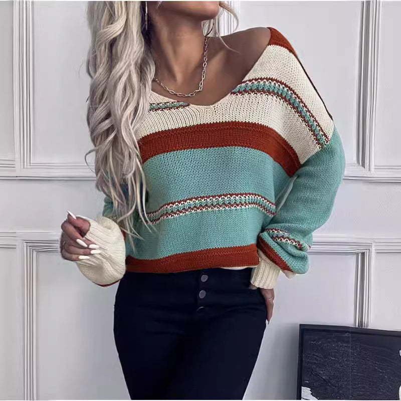 Women's French Vintage Striped Sweater | V-Neck Long Sleeve Stretch Knit Top