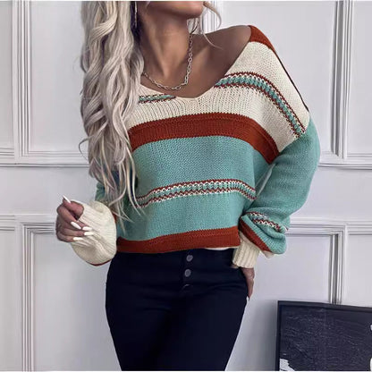 Women's French Vintage Striped Sweater | V-Neck Long Sleeve Stretch Knit Top