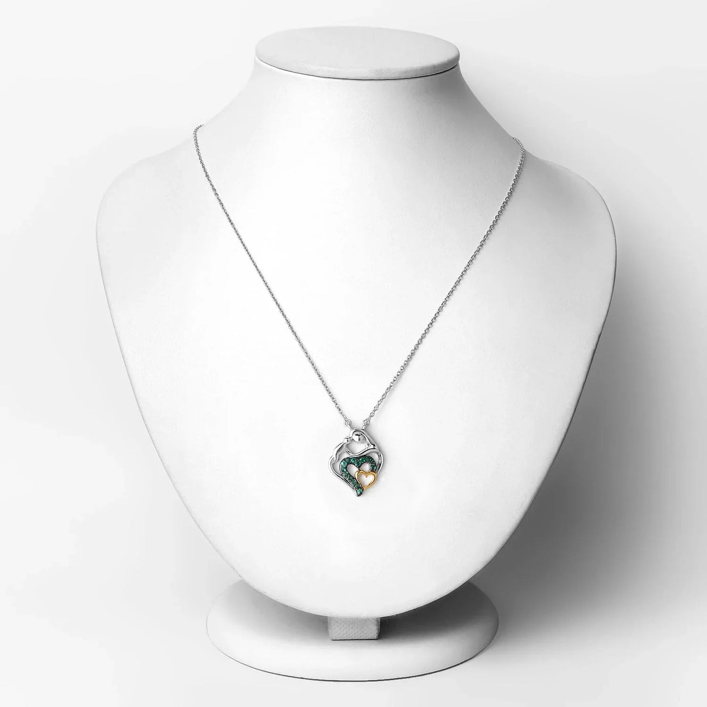 Genuine Emerald Prong Silver Double Heart Pendant Necklace