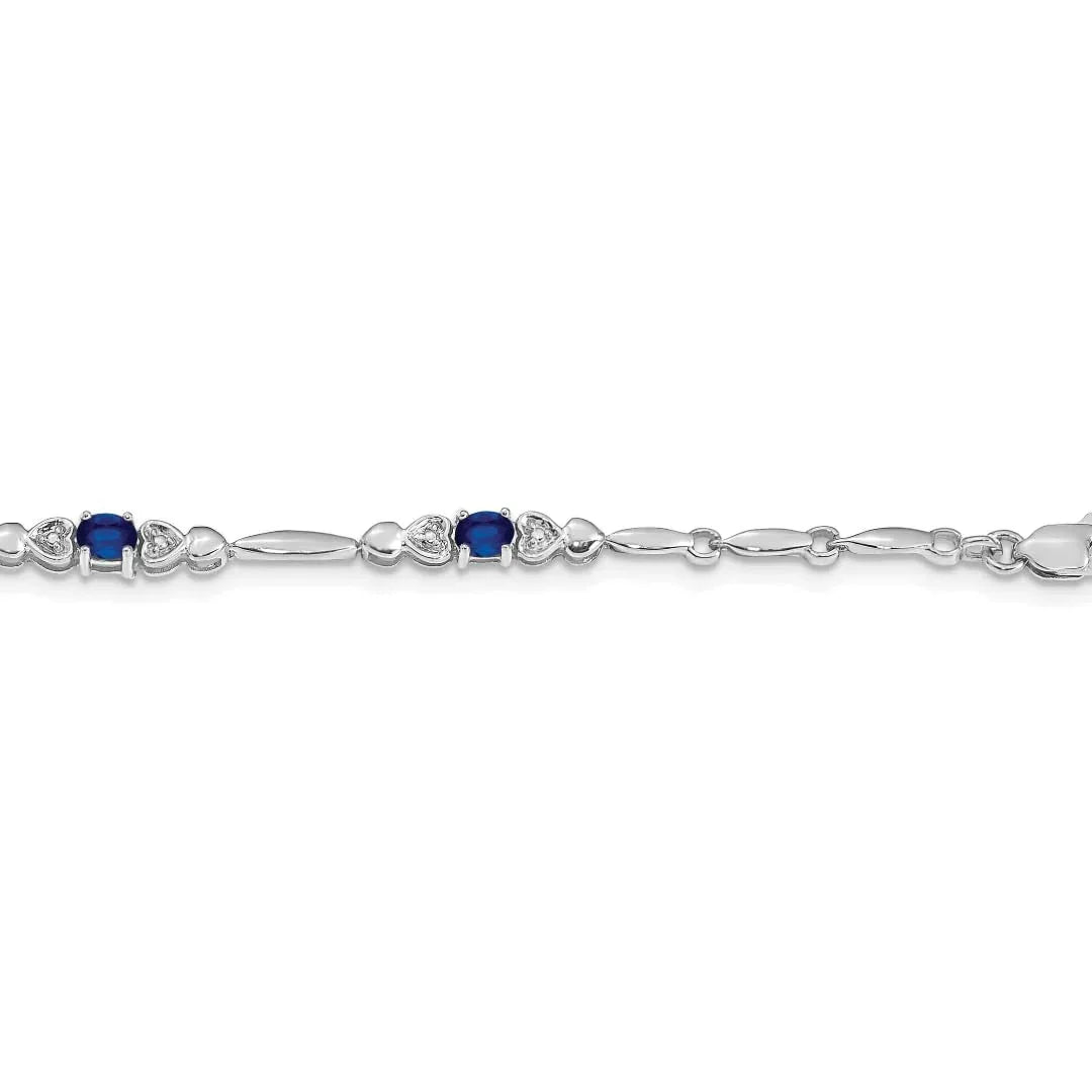14k White Gold Blue Sapphire Heart 7 inch Bracelet