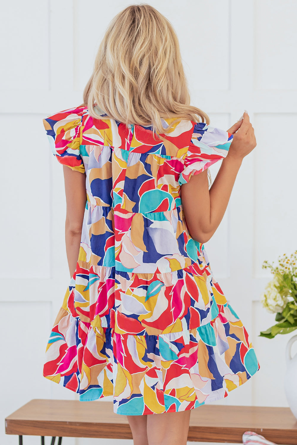 Threaded Pear Skye Ruffled Flutter Sleeve Tiered Mini Dress