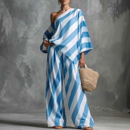 Women's Retro Striped Batwing Top & Wide-Leg Pants Two-Piece Set