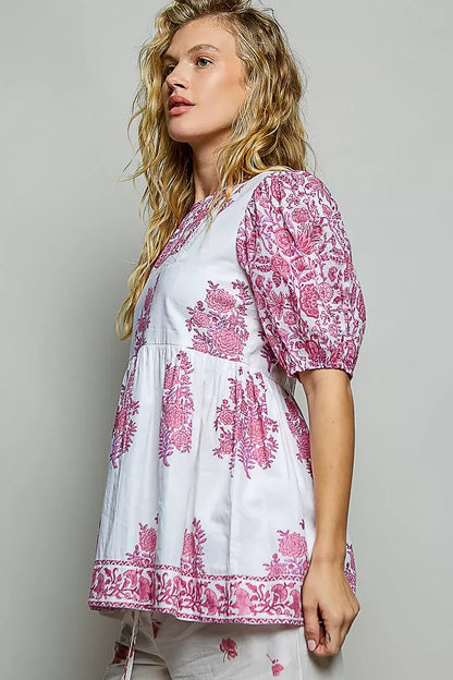 POL Vintage Hand Block Print Floral Woven Blouse